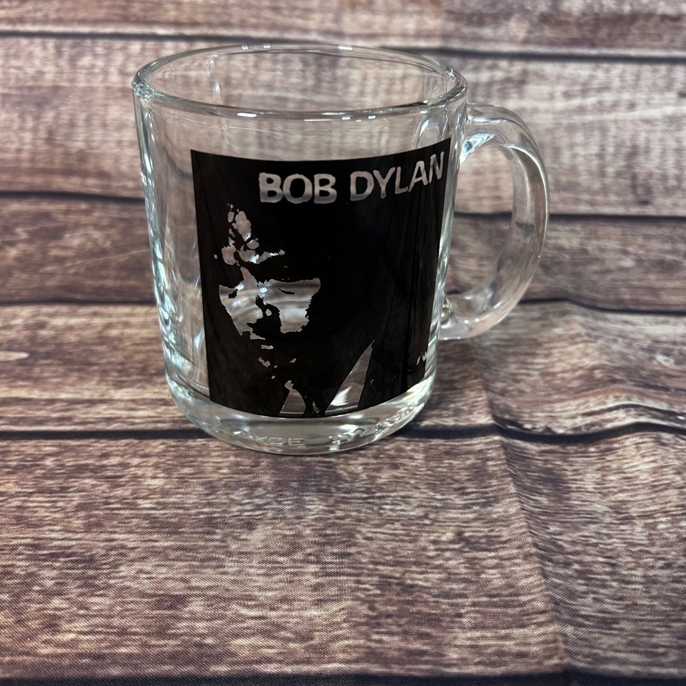 Vintage Bob Dylan Clear Glass Coffee Mug Made in USA Music Graphic Portrait